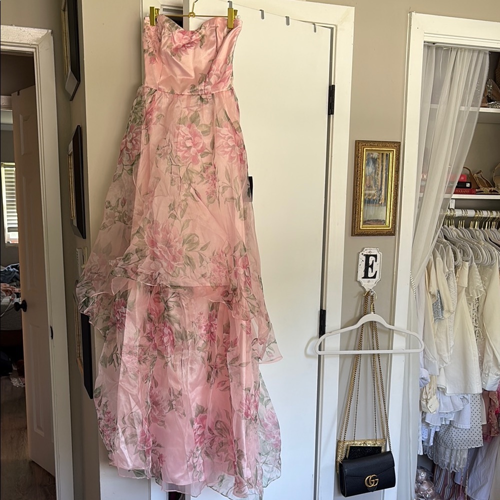 Pink Floral Strapless Gown